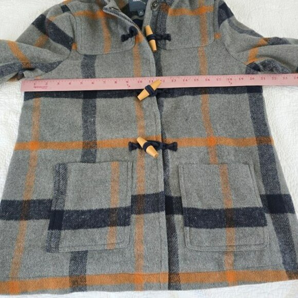 Modcloth Women's Gray Orange Plaid Pea Coat Size Medium Toggles Hooded Retro Y2K - Picture 10 of 15
